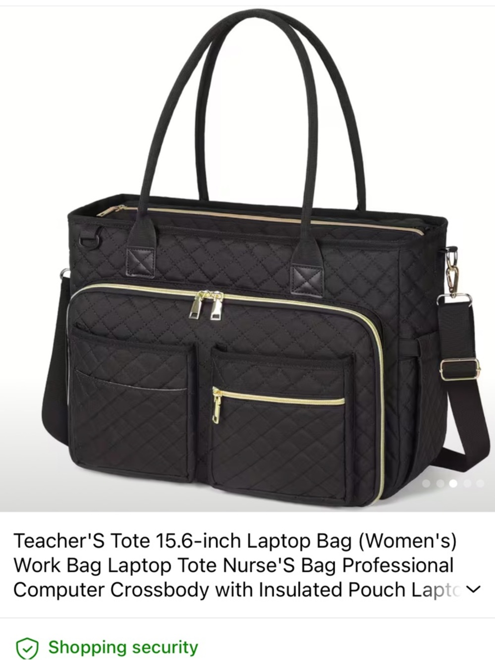 Black Quilted Teacher's Tote Bag with Gold Trim